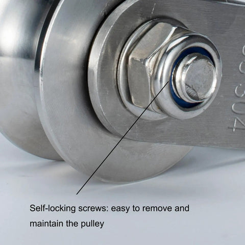 Close-up of Heavy-Duty Cable Pulley Wheel with Swivel Block showcasing self-locking screws for easy maintenance.