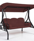 Three Seat Outdoor Porch Swing With Adjustable Canopy And Convertible Bed Two In One Patio Glider For Adults Cup Holder And Pillow Burgundy Red Backyard Relaxation