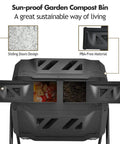 Dual Chamber Outdoor Compost Tumbler With 43 Gallons Capacity 360 Degree Rotating Barrel, sliding doors, BPA-free material