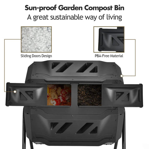 Dual Chamber Outdoor Compost Tumbler With 43 Gallons Capacity 360 Degree Rotating Barrel, sliding doors, BPA-free material