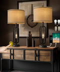 Industrial Black Table Lamps Set Of 2 With USB Ports And Outlets, shown on wooden table with touch control and night light feature