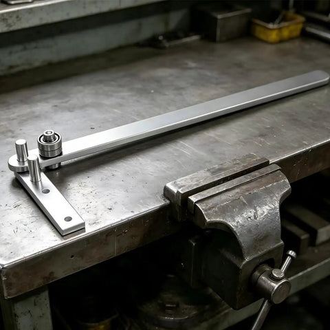 Built Like A Tank Manual Rebar Bender And Mini Pipe Tool Heavy Carbon Steel Benchtop workhorse on a metal table.