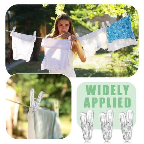 Woman using Transparent Balloon Arch Clips Set Of 20 Heavy Duty Plastic Spring Clamps on clothesline in sunny garden.