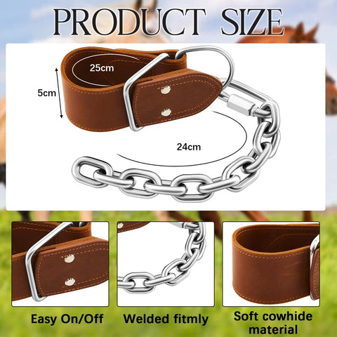 Two Pack Leather Horse Hobbles With Anti Kick Design Single Leg Hobble For Secure Training And Grazing Heavy Duty Stainless Steel Chain Durable Leather Great For Stallions Geldings And Mares, showing dimension details