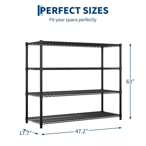 Rock Solid 4 Tier Heavy Duty Metal Shelving Unit Commercial Wire Storage Rack 63x47.2 inches, carbon steel for garage use.