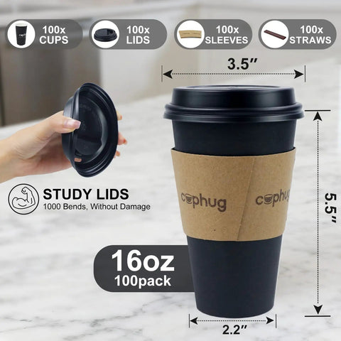 Heavy Duty 16 Oz Disposable Coffee Cups With Lids Sleeves And Straws 100 Pack Thickened Leak Proof Insulated Paper Cups for Hot Drinks