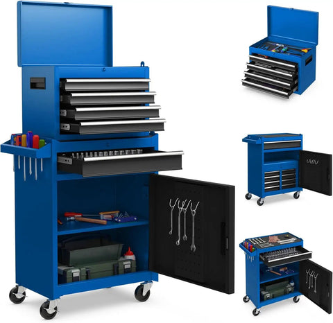 5-Drawer Rolling Tool Chest With Detachable Top Toolbox, Lockable Wheels And Lock Bar, Protective Liner And Tool Rack