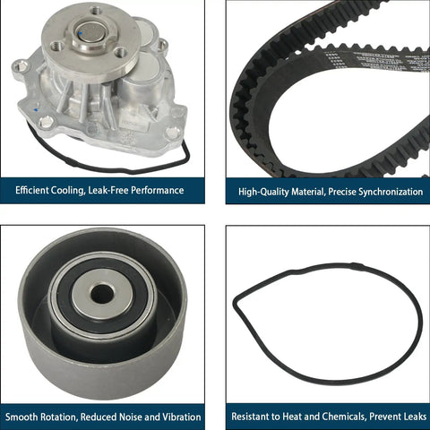 Components of Engine Timing Belt Kit With Water Pump For 2009 To 2018 Chevy Cruze Sonic Aveo Aveo5 2009 To 2010 Pontiac G3 2007 To 2008 Saturn Astra Replaces TCKWP338 24422964 25195119, including belt, pump, and idler.