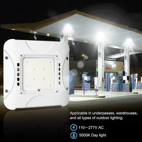 150W LED Canopy Light, 20250 LM, 5000K Daylight White, gas station application, illuminated canopy and bright LEDs, 110-277VAC, DLC/ETL listed