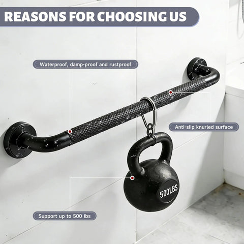 Heavy Duty Two Pack 24 Inch Shower Grab Bar Tough As Nails 1 Point 25 Inch Diameter Matte Black 304 Stainless Steel knurled safety handrail with kettlebell.