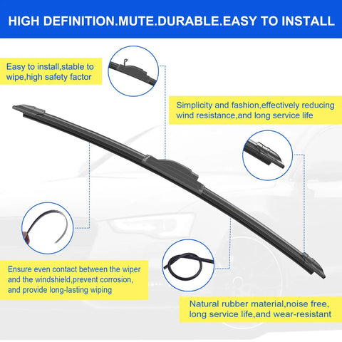 Top Tier J Hook Windshield Wiper Blades Set Of 2 Drop In in a close-up view showing aerodynamic design and installation details.