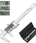 Digital Calipers Measuring Tool With Large LCD Screen, Stainless Steel, Auto Off, Splash Proof, shown with case and measurements