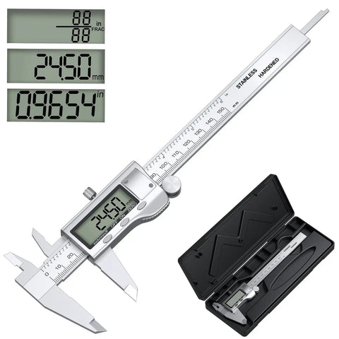 Digital Calipers Measuring Tool With Large LCD Screen, Stainless Steel, Auto Off, Splash Proof, shown with case and measurements