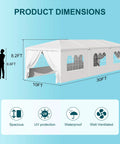 Diagram showing 10x30 Ft White Canopy Tent With 8 Removable Sidewalls And Windows Waterproof Outdoor Gazebo for events.