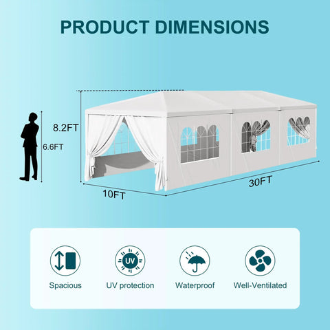 Diagram showing 10x30 Ft White Canopy Tent With 8 Removable Sidewalls And Windows Waterproof Outdoor Gazebo for events.