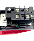 Back view of dual voltage emergency stop switch for woodworking and industrial machinery, showing electromagnetic motor control.