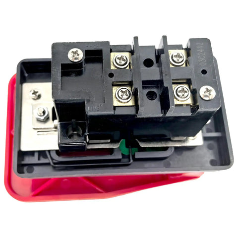Back view of dual voltage emergency stop switch for woodworking and industrial machinery, showing electromagnetic motor control.