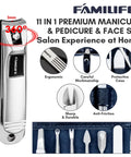 Close-up of 11 Piece Manicure Set For Men With Stainless Steel Nail Clippers And Pedicure Tools In A Portable Blue Leather Travel Case