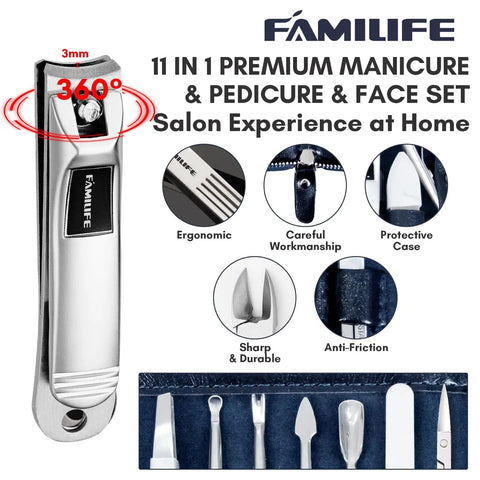 Close-up of 11 Piece Manicure Set For Men With Stainless Steel Nail Clippers And Pedicure Tools In A Portable Blue Leather Travel Case