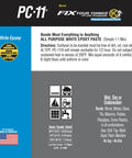Packaging of PC-11 Marine epoxy paste, displaying bonding instructions and compatibility with various materials.