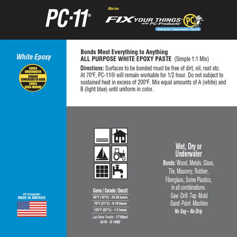 Packaging of PC-11 Marine epoxy paste, displaying bonding instructions and compatibility with various materials.