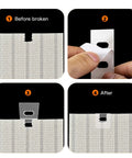 Sixty Clear Vertical Blind Repair Tabs Universal Snap In Replacement Clips shown in four step application for window shade repair.