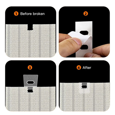 Sixty Clear Vertical Blind Repair Tabs Universal Snap In Replacement Clips shown in four step application for window shade repair.