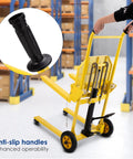 Yellow hydraulic material lift with steel platform, 18.5 in forks, 37.4 in max lift, front universal wheels, 9 in polyurethane wheels.