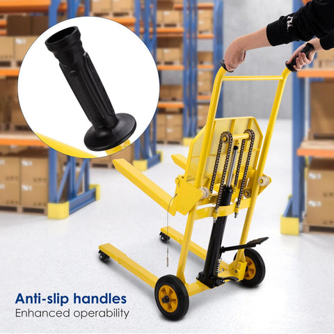 Yellow hydraulic material lift with steel platform, 18.5 in forks, 37.4 in max lift, front universal wheels, 9 in polyurethane wheels.