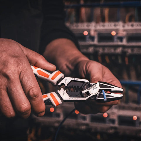 Person using Heavy Duty 8 In 1 Linesman Pliers For Electrical DIY Projects Wire Cutter Crimper Stripper Twist Deburr Winding And More Go To