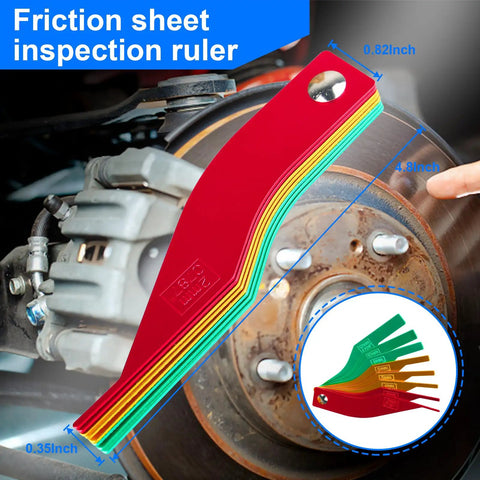 Smooth Operator 8 Piece Brake Pad Thickness Gauge Set with Color Coded SAE and Metric Blades showing different thickness measurements.