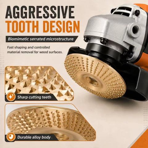 Close-up of 14 Piece Wood Carving Disc Set For Angle Grinder Pro Grade Heavy Duty with biomimetic serrated microstructure.