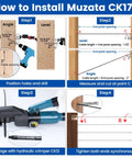 Installation guide for Muzata CK17 on wooden posts using tools and measurements, showcasing steps for 60 Pack Black 1/8 Inch Cable Railing Hardware Kit With Swage Lag Screws Left And Right Handed Thread For Wood Posts Pro Grade T316 Stainless Steel Deck Cable Railing System Includes Drill Bit And Bent Wrench