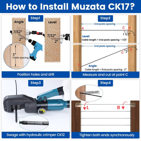 Installation guide for Muzata CK17 on wooden posts using tools and measurements, showcasing steps for 60 Pack Black 1/8 Inch Cable Railing Hardware Kit With Swage Lag Screws Left And Right Handed Thread For Wood Posts Pro Grade T316 Stainless Steel Deck Cable Railing System Includes Drill Bit And Bent Wrench