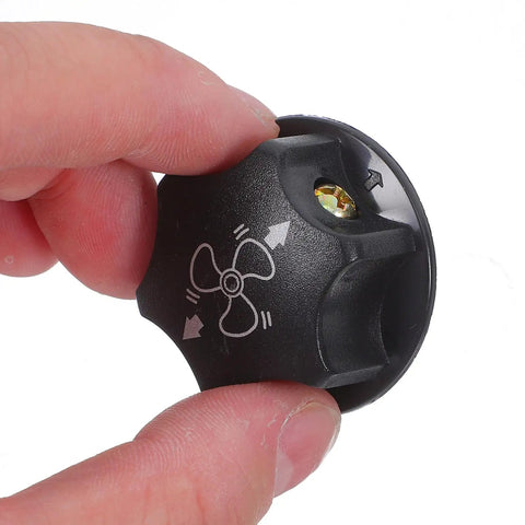 Universal Black Fan Control Knobs 10 Pack Replacement Caps for Floor Fans in Warehouse and Office Use Durable Plastic Construction Built to Last with Smooth Rotary Control and Easy Grip for Tough as Nails Heavy Duty Everyday Cooling., black plastic fan control knob close-up with printed speed icons