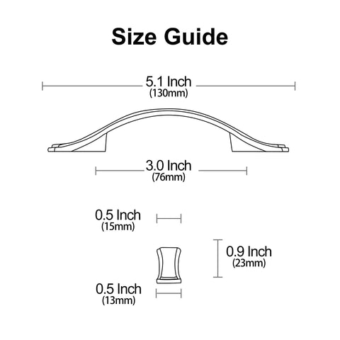 Diagram of Matte Black Cabinet Pulls and Handles Set of 15 for Kitchen showing 5.1 inch length and size dimensions.