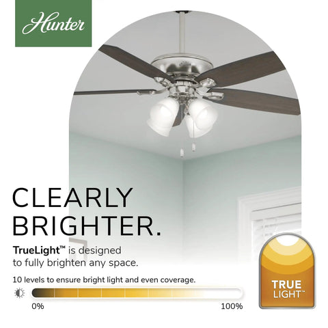 52 Inch Indoor LED Ceiling Fan With Pull Chain Lights, Brushed Nickel Finish, Five Blades, Standard Mount, No Remote, Bulbs Included