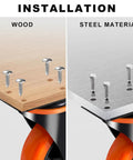 Installation comparison of Heavy Duty 3 Inch Caster Set Of 4 With Dual Locking Wheels on wood and steel materials.