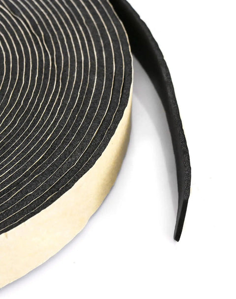 Close-up of Pipe Wrap Insulation Tape Waterproof Foam One Inch By One Eighth Inch By Fifty Feet With Adhesive, showing adhesive side
