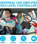 Universal RCA Level Controller With Audio Bass And Volume Control Knob in a car setup for easy sound tuning.