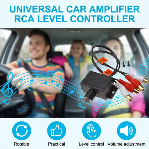Universal RCA Level Controller With Audio Bass And Volume Control Knob in a car setup for easy sound tuning.