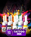 Wireless Tattoo Kit For Beginners All In One Rotary Pen Tattoo Gun Set with colorful ink splashes and 10 ink bottles.