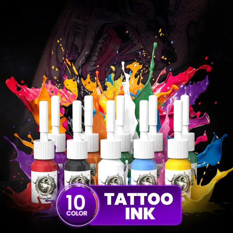 Wireless Tattoo Kit For Beginners All In One Rotary Pen Tattoo Gun Set with colorful ink splashes and 10 ink bottles.