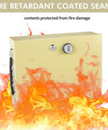 Heavy Duty Fire Resistant Lockbox With Dual Lock System Key And 3 Digit Combination, beige steel security chest in flames