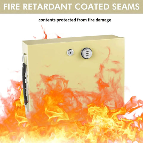 Heavy Duty Fire Resistant Lockbox With Dual Lock System Key And 3 Digit Combination, beige steel security chest in flames