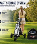 Lightweight Three Wheel Golf Push Cart With Quick Fold Frame Wide Eva Wheels For Slick Fairway Cruising insulates drinks, organizes gear.