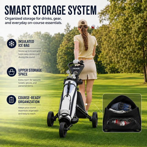 Lightweight Three Wheel Golf Push Cart With Quick Fold Frame Wide Eva Wheels For Slick Fairway Cruising insulates drinks, organizes gear.
