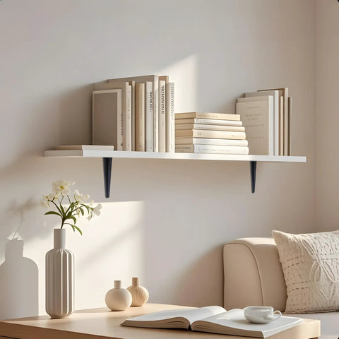 Hella Sturdy 8 Pack Black Metal L Shelf Brackets Heavy Duty Wall Mount Floating Shelf Supports Thick Steel L Brackets on white shelf.