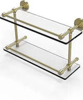 Double Gallery Rail Glass Shelf In Satin Brass Finish, 16 Inch Wide, 5 Inch Projection, Tempered Glass With Concealed Screws And Solid Brass Hardware