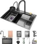 65x50 cm Kitchen Sink Multi-Function Faucet with Retractable Sprayers Includes Basket Strainer Siphon and Drainage Set for Efficient Water Flow with various accessories.